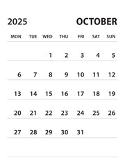 October 2025-Calendar 2025 template vector on white background, week start on monday, Desk calendar 2025 year, Wall calendar design, corporate planner template, clean style, stationery, organizer