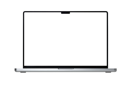 Open Macbook grey laptop by Apple isolated on white  background. Mackbook Pro 16  M1 chip 2021. 