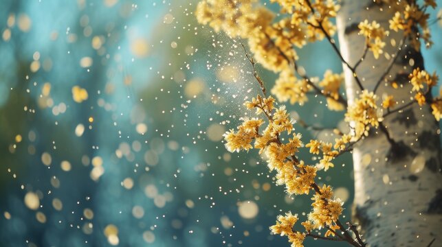 Spring field with tree leaf branches and pollen flying in air in allergic season.