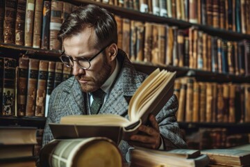 A lawyer engrossed in reading a book on a legal matter surrounded by library shelves filled with books, A lawyer conducting research on a complex legal issue
