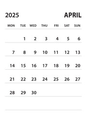 April 2025-Calendar 2025 template vector on white background, week start on monday, Desk calendar 2025 year, Wall calendar design, corporate planner template, clean style, stationery, organizer