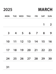 March 2025-Calendar 2025 template vector on white background, week start on monday, Desk calendar 2025 year, Wall calendar design, corporate planner template, clean style, stationery, organizer