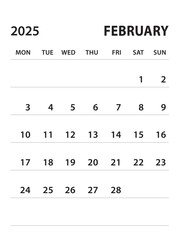 February 2025-Calendar 2025 template vector on white background, week start on monday, Desk calendar 2025 year, Wall calendar design, corporate planner template, clean style, stationery, organizer