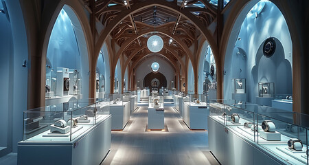 A exhibition space for watches, a space with a cross coupon ceiling, wonderful light and shadow...