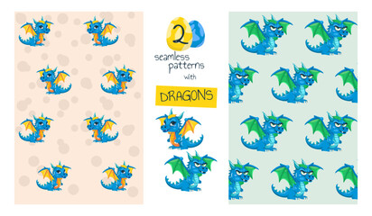 Set of 2 seamless patterns with cute baby dragon. Simple vector style. Suitable for childrens wallpaper, wrapping paper and textiles.