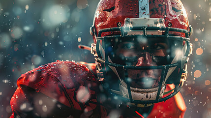 An American football player in a red uniform with helmet, on a blurred stadium background, sport banner