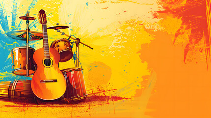 illustration of musical instruments on a bright background with copy space
