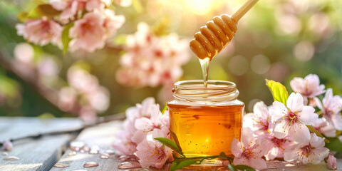 jar of honey with honey stick and bright flowers on a light background