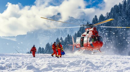 Rescue personnel in wild field in rescue mission with helicopter in snow mountain
