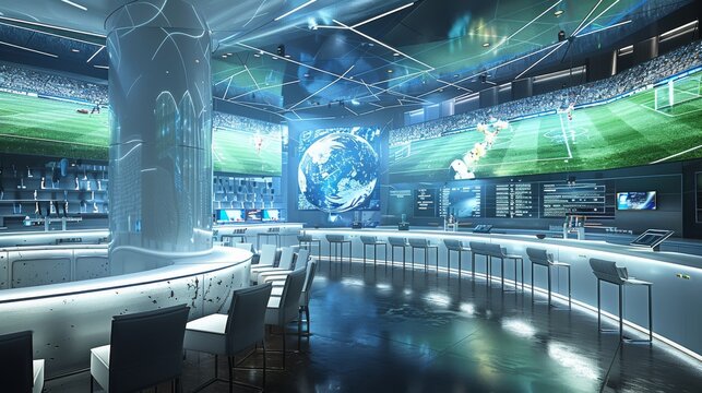 Futuristic digital sports experience room with large screens showing soccer games, high-tech equipment and interactive elements for fans to find more about their favorite teams. Generative AI.