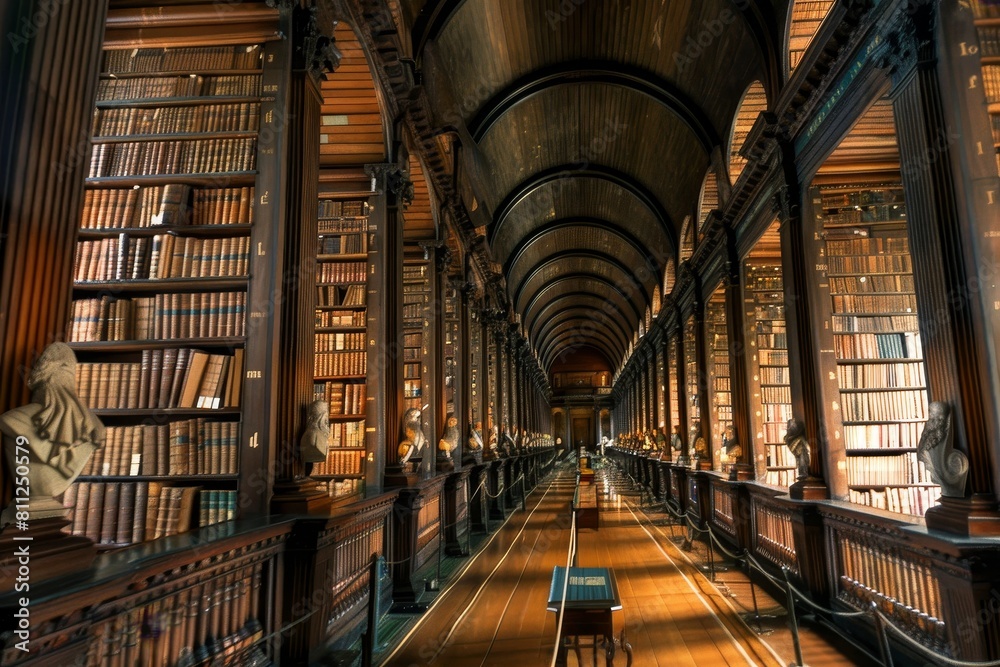 Poster rows of bookshelves overflowing with books in a library setting, a library with rows of books stretc