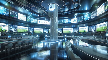 Futuristic digital sports experience room with large screens showing soccer games, high-tech equipment and interactive elements for fans to find more about their favorite teams. Generative AI.