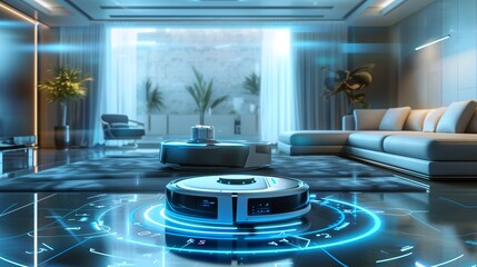Robotic vacuum in stylish living room with azure couch