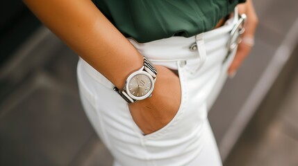 A woman wearing a silver watch on her wrist as body jewelry