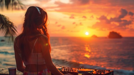 A woman plays music on the beach at sunset with a laptop