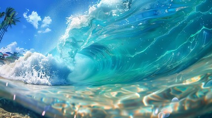 Close up of sea wave with clear blue water