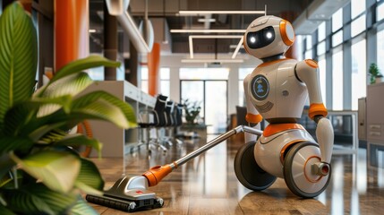 The picture of the robot that working as vacuum cleaner inside the indoor building to clear and...