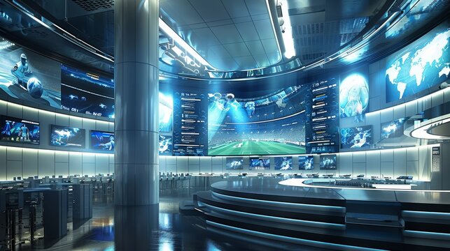 Futuristic digital sports experience room with large screens showing soccer games, high-tech equipment and interactive elements for fans to find more about their favorite teams. Generative AI.