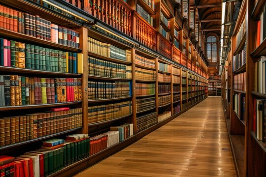 A library filled with numerous books neatly arranged on shelves, A library with rows of books stretching as far as the eye can see