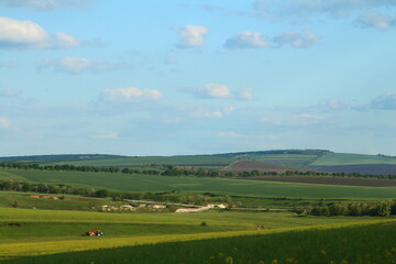 A landscape with a car and a field of grass and trees