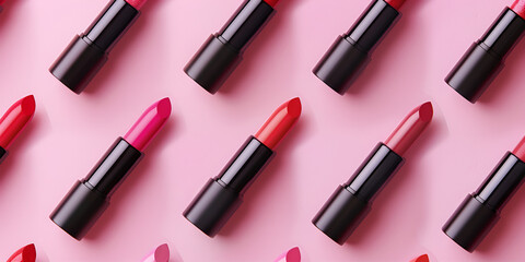 Obraz premium Bright red lipstick on a light pink surface.