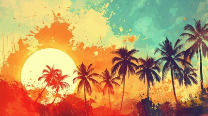 Obraz premium Artistic summertime background with palm tree and sky, space for text