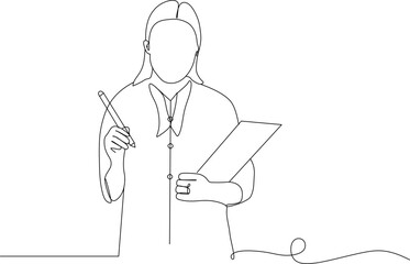 Vector line art illustration of a female office worker holding a document folder. Line art illustration of a business woman at work.
