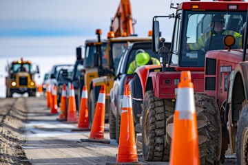 A row of construction trucks driving down a road, ready for work, A line of construction vehicles waiting to enter the site