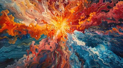 A visual symphony of a supernova explosion, colliding waves of red, orange, and yellow, pointillism technique, smudges of contrasting blues realistic