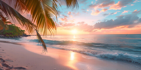  Beautiful tropical beach sea ocean with coconut and other tree sunset on the beach