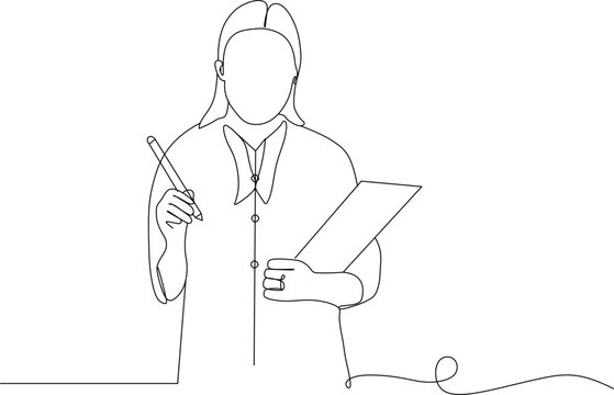 recommend clip art: Vector line art illustration of a female office worker holding a document folder. Line art illustration of a business woman at work.