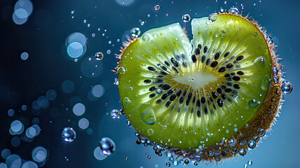 A single slice of kiwi submerged underwater, surrounded by vibrant bubbles on a dark background.