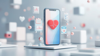 Medical Technology and telemedicine, 3D a smartphone with a red heart icon on the screen and various medical icons floating around it.