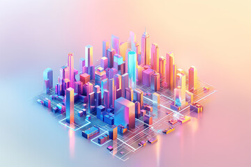 3D futuristic city with skyscrapers colorful