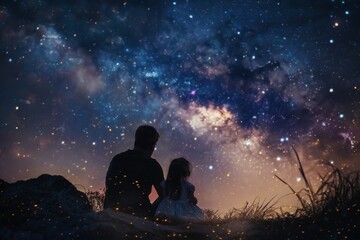 A man and a little girl looking up at the starry sky together, A little girl and her dad sharing a sweet moment under a starry sky