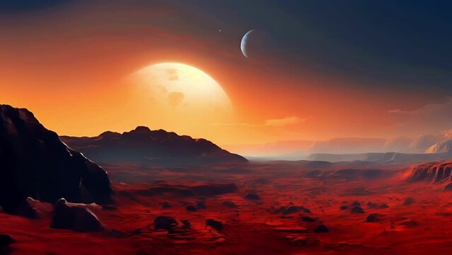 A surreal alien landscape with large moon looming over a rocky terrain mountains. Futuristic lifeless red planet