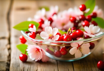 A close-up of a cherry blossom branch in a glass bowl on a rustic background