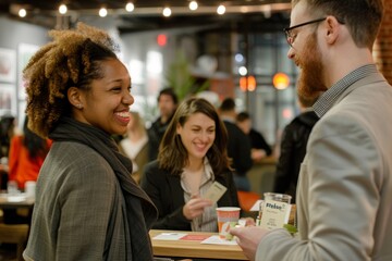 Diverse group of professionals chatting and networking around a bar at a lively event, A lively networking event with professionals mingling and exchanging business cards