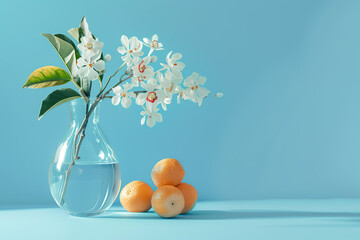 Fresh cut spring flowers in vase on blue background