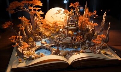 Open book displaying an intricate castle illustration.