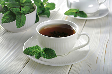 White cup of aromatic tea and green mint leafs on wooden background