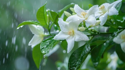Jasminum sambac blossoms open in the morning following a rain shower