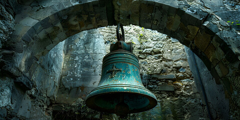 Obraz premium Stone archway with bell hanging on rope
