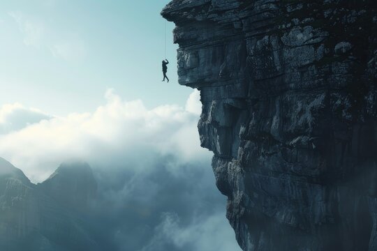 A man stands confidently on the edge of a cliff, overlooking the vast landscape below, A lone figure hangs in mid-air, suspended from a sheer cliff by nothing but determination and skill