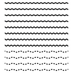 Wave line and wavy zigzag pattern lines. Vector black underlines, smooth end squiggly horizontal curvy squiggles on white background.