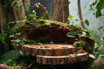 A forestthemed podium, crafted from natural wood with moss and leaf details, ideal for displaying ecofriendly products in an organic, earthy environment