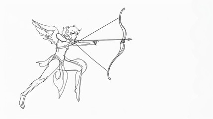 Cute Cupid angel with bow and arrow symbolizing love. Line drawing art.