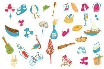 Summer beach vacation set hand drawn symbols and objects. Doodle line art sketch vector illustration
