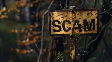 A simple yet effective warning placard with SCAM prominently displayed in large, bold typeface, centered on a solid black background for maximum visibility