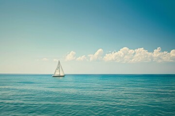 Obraz premium A single sailboat navigates the vast ocean, surrounded by water and blue skies, A lone sailboat bobbing in the distance